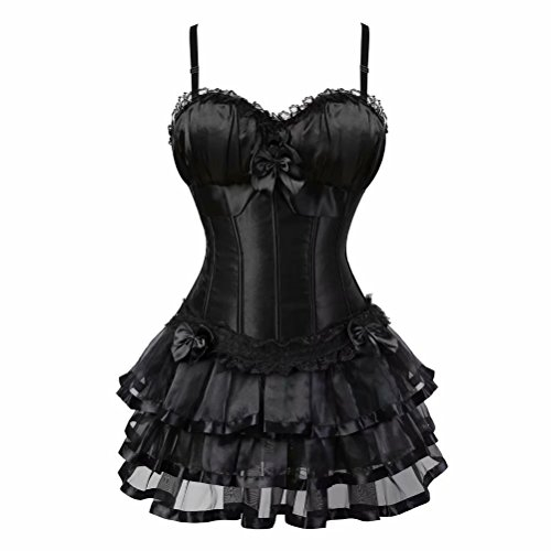 Jutrisujo korsett Damen vollbrust corsage kleid kurz rock mit träger strapse spitze schnürmieder burlesque gothic korsettkleid Schwarz M