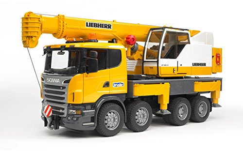 bruder 03570 - Scania R-Serie Liebherr Kran-LKW mit Light and Sound Modul - 1:16 LKW Baustelle Baumaschine Baufahrzeug Baukran Spielzeug