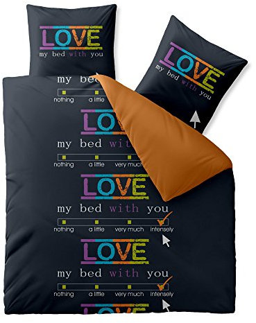 CelinaTex Fashion Bettwäsche 200x220 cm 3teilig Baumwolle, Bettgarnitur für Sommer und Winter, Ganzjährig, Bettbezug, Bettenset, Schöner Wohnen Love Wörter Schwarz Orange