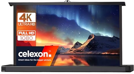celexon Mini Professional Tisch-Leinwand 30 | 66x37 cm 16:9 | kleine, Mobile 4K-Leinwand für unterwegs, schnell aufgebaut mit Teleskopstange | ideal mit Pico- BZW. Pocket-Projektoren & Mini-Beamern