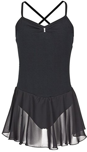 tanzmuster Kinder Ballettkleid Maja - süßer Spaghetti-Träger Ballettbody mit Chiffon Röckchen und Glitzersteinen in schwarz, Größe:152/158