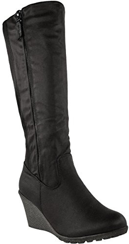 Fashion Thirsty Womens Wedge Heel Knee High Mid Calf Boots Ladies Wide Leg Stretch Lightweight Comfort Winter Biker Boot Size