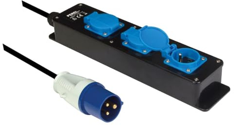 Perel Multiprise extérieure, 3 Prises Type E avec Capuchons, Prise CEE, câble néoprène 3 m H07RN-F 3G2.5, IP44 étanche, adaptée pour Jardin, Atelier et Chantier, Noir-Bleu