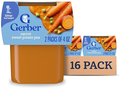 Gerber Stage 2 Baby Food, Carrot Sweet Potato Pea Puree Tubs, No Added Salt, No Artificial Colors or Flavors, Baby Puree, 16-Pack