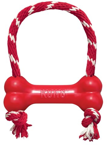 KONG Goodie Bone con Cuerda - Hueso Clásico y Duradero para Perros de Caucho Natural - Dispensador de Golosinas - para Perros Medianos, Rojo