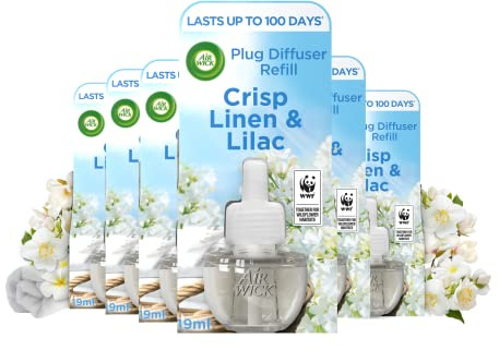 Air Wick Electrical Plug In Refills with Essential Oils, Crisp Linen and Lilac, 19ml Refill x 6