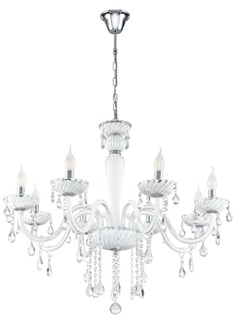 EGLO Pendellampa Carpento, 8-armad kronljuskrona vintage, shabby chic | taklampa i stål och glas krom, vit, matbordslampa, hängande vardagsrumslampa med E14-sockel