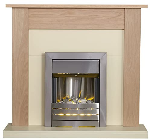 Adam Southwold Fireplace in Oak & Cream with Helios Electric Fire in Brushed Steel, 43 Inch