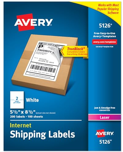 Avery Half-Sheet Printable Shipping Labels, 5.5 x 8.5 Customizable Stickers, White, 200 Blank Mailing Labels, Great for Mailing, Shipping, Organizing, and More (5126)
