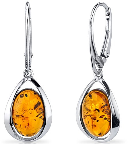Peora Genuine Baltic Amber Dangle Earrings for Women 925 Sterling Silver, Solitaire Studs, Oval Shape, Rich Cognac Color, Lever backs, Real Baltic Amber Earrings for Adults,
