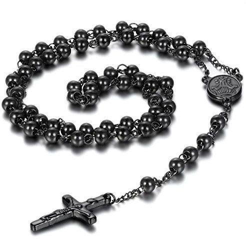 JewelryWe Schmuck Herren Edelstahl Halskette, Rosenkranz Jesus Christus Kruzifix Kreuz Kugelkette Kette, Schwarz 6mm Breit 75.5cm (Ostern Geschenk)