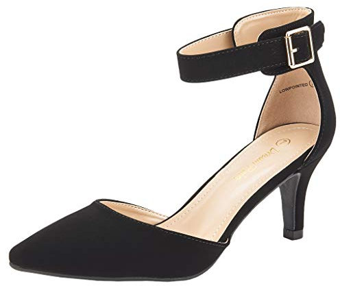 DREAM PAIRS Womens Court Shoes Pointed Toe Low Kitten Heel Ladies Pumps Ankle Strap Dress Sandals Lowpointed Black Nubuck Size 8.5 US/ 6.5 UK