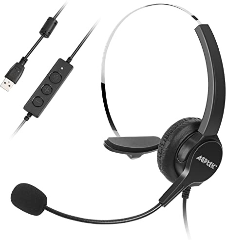 AGPTEK® Hands-Free Call Center Noise Cancelling Corded Monaural Headset USB Headset with Microphone for PC Headphone with Mic Mircrophone - Cord with USB Plug, Volume Control