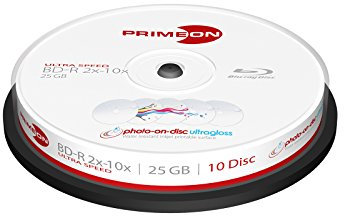 Primeon BD-R 25GB/2-10x Cakebox (10 Disc), photo-on-disc ultragloss Surface, Water resistant Inkjet Fullsize Printable weiß 29W / 32L