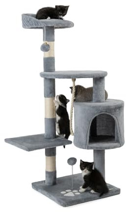 lionto Scratching tree for cats with 2 plush balls & play rope, height 112 cm, cat tree with sisal rope & plush, cozy lying area & cave, incl. wall mount, for small & large cats, light grey