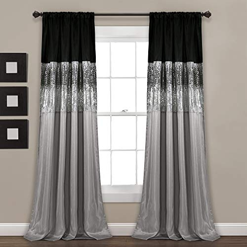 Lush Decor Night Sky Window Curtain Panel, Single 42W x 84L Black & Gray - Sequin Backdrop Curtain - Room Darkening Curtains For Bedroom - Glam Decor