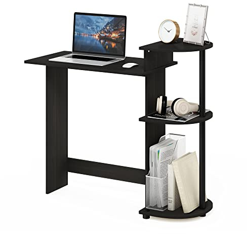 Furinno Compact Computer Desk, Study Desk with Shelves, Black/Grey