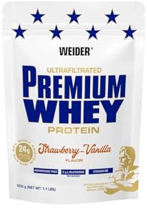 Weider Premium Whey Protein Pulver - Hoher Proteingehalt, wenig Kohlenhydrate & wenig Fett mit L-Glutamin und Vitamin B6-500g - Erdbeer-Vanilla