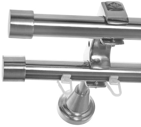 BASIT Rohr + Innenlauf Gardinenstange Wandmontage 2 läufig 200cm lang Edelstahl Look Metall Gardinenstange 2 läufig Wandbefestigung Ø20mm I H60 RI