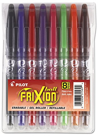 PILOT Pen 31569 FriXion Ball Erasable & Refillable Gel Ink Stick Pens, Fine Point, Assorted Color Inks, 8-Pack Pouch