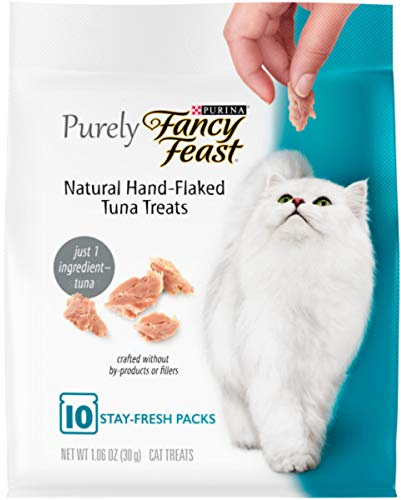 Purina Fancy Feast Purely Hand-Flaked Tuna Cat Treats, Steam-Baked Real Tuna, Pack of 5, 10 Count Pouches