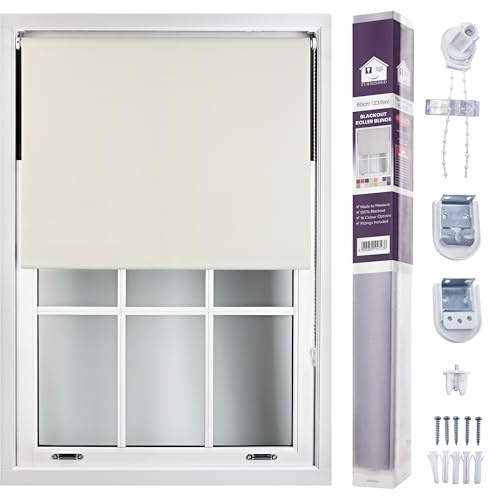 FURNISHED Roller Blinds Blackout Custom Size, Cream Beige, 60W x 165L cm | Made to measure 100% black out thermal fabric easy fit fittings custom blackout blind