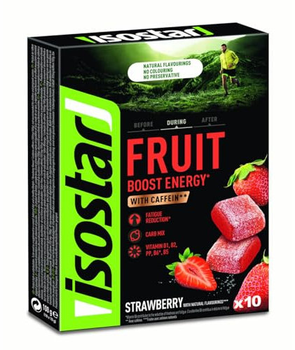Isostar Energy Fruit Boost - Erdbeergeschmack - Sport Fruchtgummis - Müdigkeitsreduktion - Natürliches Aroma - Ohne Farbstoffe - Ohne Konservierungsstoffe - 1 Schachtel mit 10 Fruchtgummis (10 x 10 g)