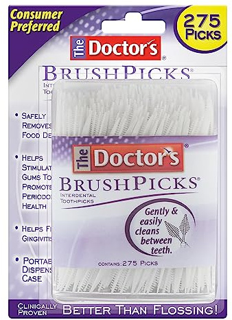 The Doctor's BrushPicks tandpetare, 275 plektrum | Ta försiktigt bort matskräp från tandställning och tandarbete, tandborstar och tandplockare 2-i-1, plackborttagare för tänder