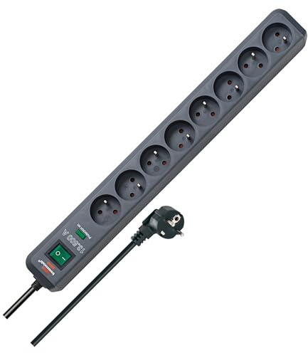 Brennenstuhl Bloc multiprise Eco-Line 8 Prises en quinconce, 1,5m H05VV-F | 8 prises orientées en alternance à 45 degrés 2P+T 16A 230V, parasurtenseur 13500A, interrupteur, voyant protection, gris
