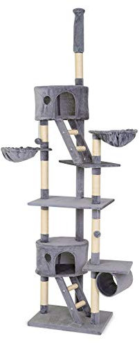 lionto Kratzbaum XXL für Katzen mit Sisal & Plüsch, Höhe 230-250 cm, Katzenbaum mit Plüschbällen inkl. Glöckchen & Hängematten, Tunnel & Höhlen, für kleine & große Katzen geeignet, hellgrau
