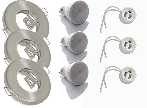 JungesLicht 3er Set LED-Einbaustrahler IP65 Edelstahl-Optik, gebürstet – inkl. austauschbarer GU10 5 W LED (3000 K, warmweiß, 410 lm) – Ideal für Bad, Dusche, Vordach, Einbauspot, Einbaustrahler