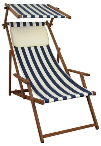 Erst-Holz Liegestuhl blau-weiß Gartenliege Strandliege Buche dunkel Sonnendach Kissen 10-317 S KH