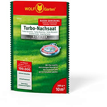 WOLF-Garten Turbo-Nachsaat „SCHATTEN“ zur Rasensanierung LR-S 10 (für 10 m², hohe Dichte mit ca. 100.000 Trieben/m², speziell auf schattige Lagen, mit WOLF-Garten Keimgarantie, 200g) 3826610