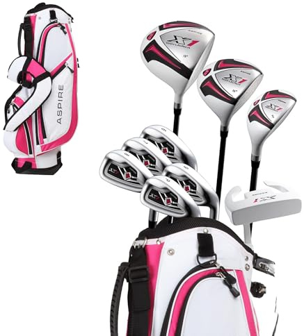 Aspire X1 Ladies Womens Complete Right Handed Golf Clubs Set Includes Titanium Driver, S.S. Fairway, S.S. Hybrid, S.S. 6-PW Irons, Putter, Stand Bag, 3 H/C's Cherry Pink