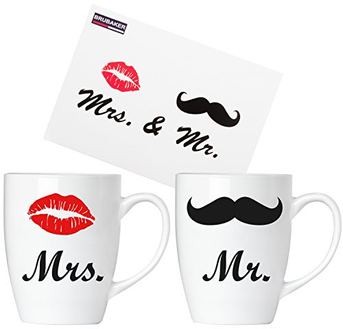 Brubaker Mr. & Mrs. Cups Set di Tazze da Caffè in Ceramica - 300 ml - Regalo di Nozze con Biglietto d'Auguri e Confezione Regalo