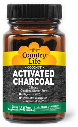 Country Life Coconut Activated Charcoal Capsules, 260mg – Natural Charcoal Supplement for Gas and Bloating Relief - Gluten-Free, 40 Vegan Capsules