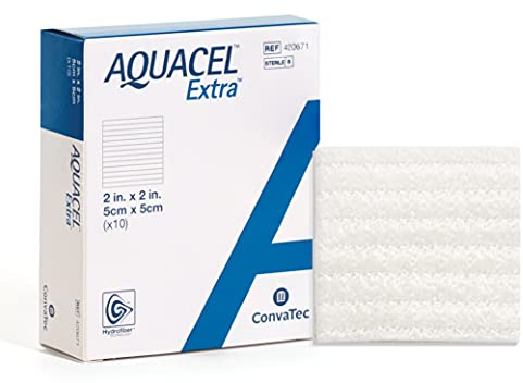 ConvaTec AQUACEL Extra 2x2 Hydrofiber Absorbant Dressing for Moderate to Highly Exuding Wounds, Non-Woven Two-Dimensional Strengthening Fibers, Square, 10ct Box