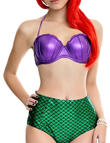 MissFox Femmes Sirène Maillots De Bain Bikinis Push Up en Deux Pièces Maillot Bandeau Violet Vert L