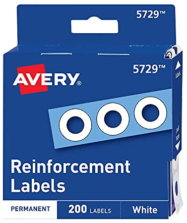 Avery Selbstklebende Lochverstärkungsaufkleber, 6,35 mm Durchmesser, Lochstanzer-Verstärkungsetiketten, weiß, nicht bedruckbar, insgesamt 200 Etiketten (5729)