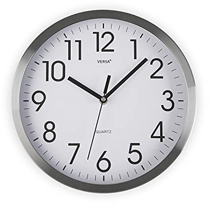 Versa Enkel Reloj de Pared Silencioso Decorativo para la Cocina, el Salón, el Comedor o la Habitación, Estilo Moderno, Medidas (Al x L x An) 30,5 x 4,1 x 30,5 cm, Aluminio, Color Blanco y Plateado