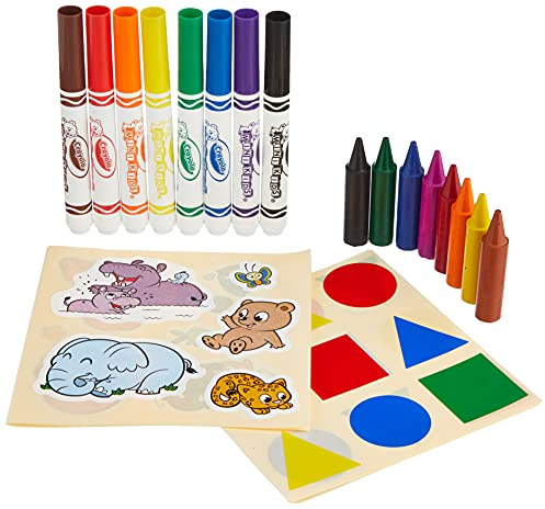 Crayola Mini Kids barnfärgset med klistermärken barn, målarpennor set för småbarn i 8 olika färgtoner, giftfria tuschpennor och vaxkritor, målarpennor småbarn från 1 år, färgglada