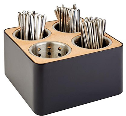 APS Besteckbehälter, Besteckkasten, Besteckbehältnis, 4 Löcher inkl. 4 Edelstahl Köcher, schwarz und braun, aus Edelstahl, Holz und SAN, 27 x 27 cm, 15 cm Höhe