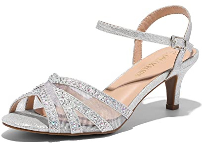 DREAM PAIRS Womens Wedding Prom Bridal Shoes Ladies Ankle Strap Peep Toe Low Kitten Heels Sandals Party Occassion Dress Shoe,Silver Size 7.5 UK, NINA-166