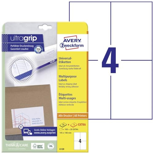 AVERY Zweckform 6120 universella etiketter (100 plus 20 självhäftande etiketter extra, 105 x 148 mm på A4, matt papper, tryckbara fraktetiketter, självhäftande fraktklistermärken med ultragrip) 30