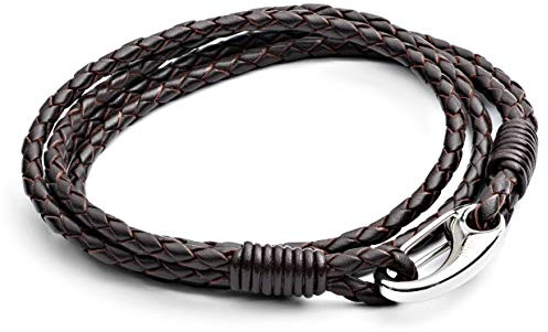 Tribal Steel Brown Braided Double Wrap Leather Bracelet - Men's 21cm Leather Bracelet with a Stainless Steel Shrimp Clasp
