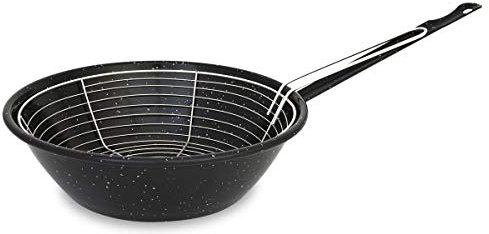 Menax - Padella Friggitrice con Cestello - Acciaio Vetrificato Antiaderente - 28 cm - Nero