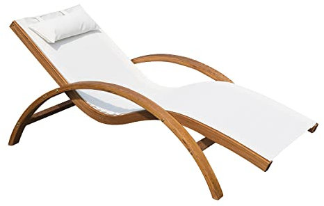 Outsunny Transat Chaise Longue Design Style Tropical Bois Massif Naturel Coloris Beige Blanc