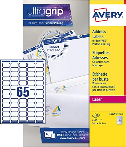 AVERY - 6500 Étiquettes Adresse Autocollantes Blanches Personnalisables - Sans Bourrage - Format 38,1 x 21,2 mm - Impression Laser