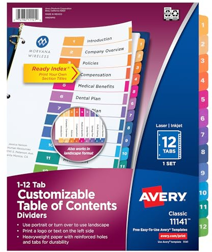 Avery Dividers for 3 Ring Binders, 12 Tabs per Set, Customizable Table of Contents, Multicolor Tabs, Great for Organizing Reports, Projects, and More (11141)