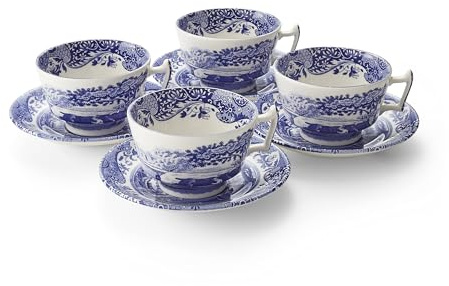 Spode Blue Italian Teacup and Saucer, Set of 4